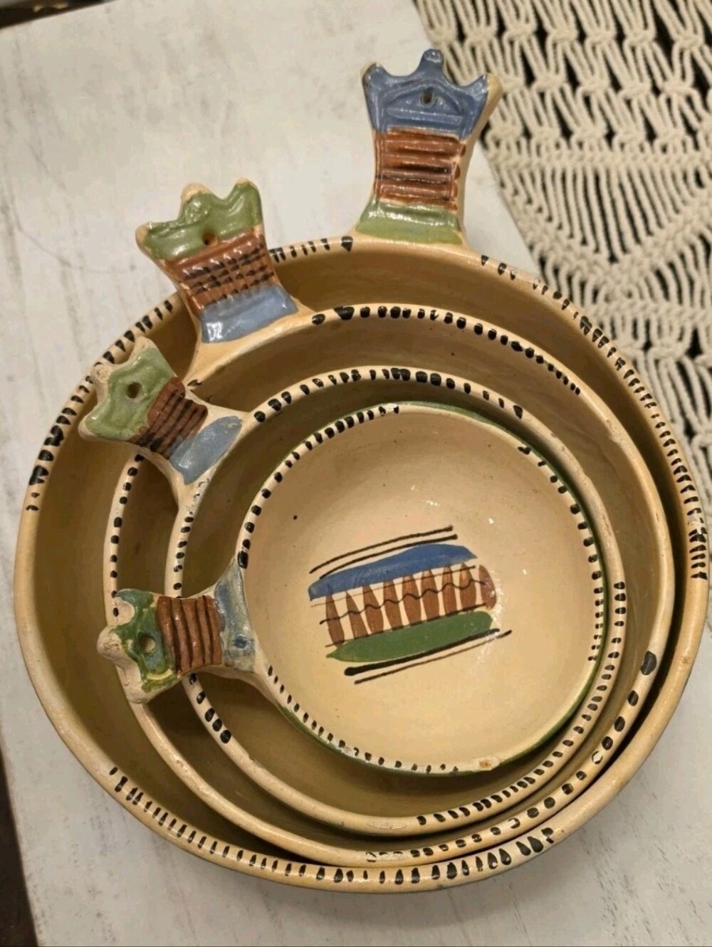 Vtg Tlaquepaque Mexican Pottery Nesting Bowls Set of 4 Redware Folk Art Handled
